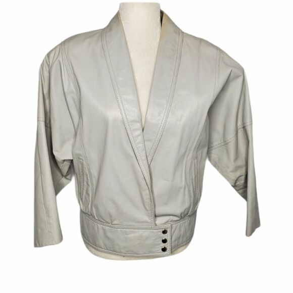 VINTAGE 80s gray leather jacket cropped‎ dolman sleeve coat M - Picture 1 of 14